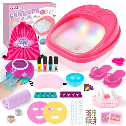 Dreamon Juego de 25 piezas de spa de pies y uñas para niños, kit de día de spa para niños con bañera de masaje de luz arcoíris de tamaño medio,