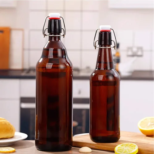 Miniatura 6 de Botellas de vidrio, botella de almacenamiento de vidrio marrón recargable con tapas abatibles, botellas de cierre de hierro ámbar con calcomanías