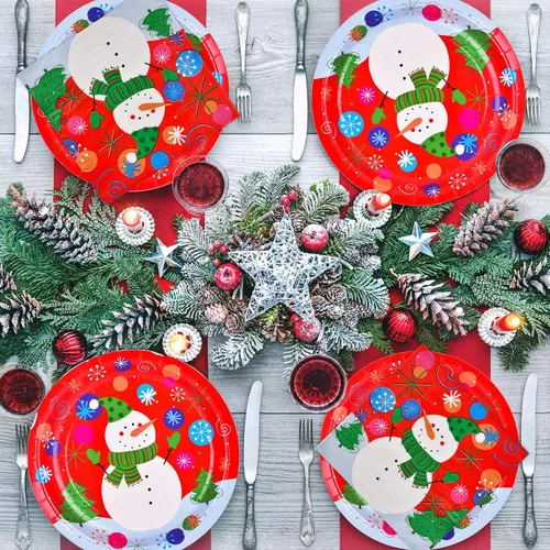 Miniatura 8 de Suministros de fiesta de Navidad Gatherfun, platos de papel desechables de muñeco de nieve para decoración de fiesta, platos y servilletas, sirven