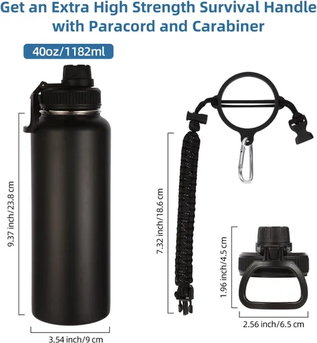 Miniatura 3 de Botellas de agua aisladas Volhoply en paquete de 4, de 40 onzas, de acero inoxidable, botella deportiva con asa de paracord y tapa con pitorro, Negro
