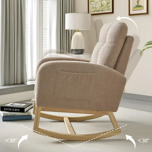 Miniatura 3 de Rosevera Mecedora para guardería con reposapiés ajustable para sala de estar, tela de peluche, patas de madera maciza, cómodo sillón con respaldo