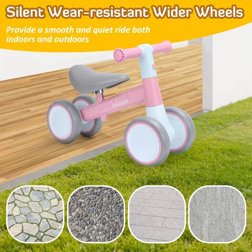 Miniatura 5 de INFANZIA Bicicleta de equilibrio para bebés de 12 a 36 meses, 1 año de edad, primera bicicleta sin pedal con asiento ajustable, 4 ruedas para bebés