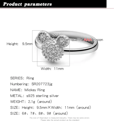 Miniatura 2 de H&Beautimer Anillos de plata de ley 925 para mujer, bonitos anillos de diseño de Mickey, joyería fina para mujeres y niñas, anillos de boda AAA CZ