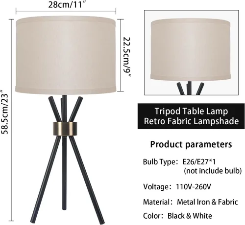 Miniatura 2 de Lámpara de mesa con trípode, cuerpo de metal con pantalla de tambor de lino, lámpara de mesa alta para dormitorio con enchufe E26, ideal para sala