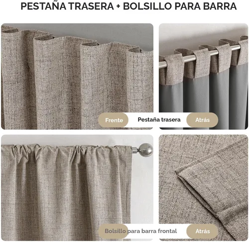 Miniatura 6 de Joydeco - Cortinas 100% opacas, 2 paneles de lino natural para oscurecer habitación, aislamiento térmico, trabillas traseras y bolsillo para barra
