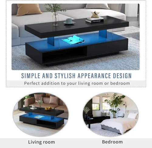 Miniatura 6 de Modern LED Coffee Table, Living Room Table with 16 Colors LED Lights, Double-Layer Center Table with Storage, Accent Furniture for Living Room, Black