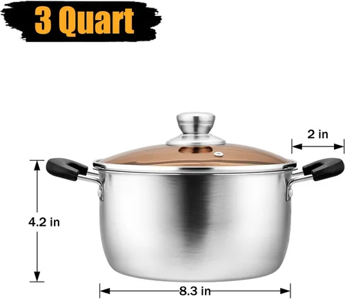 Miniatura 3 de P&P CHEF Olla de 3 cuartos de galón con tapa, olla de cocina de acero inoxidable para sopa, asas dobles a prueba de calor con tapa visible, apta