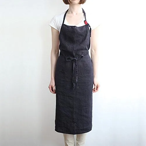 Delantal de lino de 4 colores, unisex ajustable fácil cuidado casa simple largo delantal negro