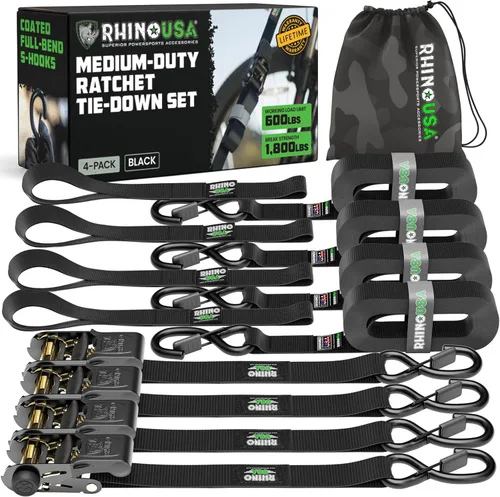 Rhino USA - Correas de trinquete de amarre (4), 1 pulgada x 15 pies (resistencia 1823 libras), con ganchos en S de seguridad, alta calidad para Negro