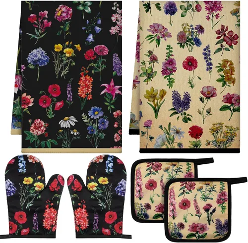 Miniatura 11 de Bencailor 6 piezas de toallas de cocina de granja, guantes de horno y soportes para ollas, paños decorativos para cocina, té, antideslizantes, blanco