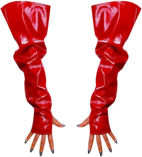 Las mujeres sin dedos de látex largo Glvoes brillo de cuero sintético patente rojo grande Puff mangas vestido de noche Cosplay guantes