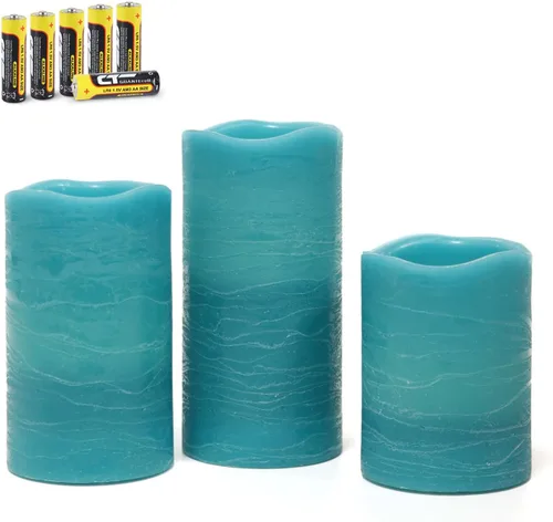 Rhytsing Velas LED sin llama de cristal turquesa con función de temporizador para verano y bodas, luz blanca cálida, acabado de cera real, 6 pilas