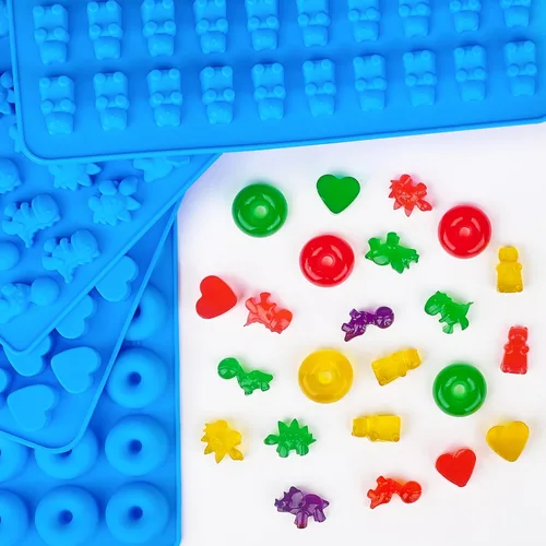 Miniatura 6 de Puyeipt 4 moldes de silicona para gomitas, 201 cavidades, antiadherentes, tamaño mini, para osos de goma, dinosaurios, corazones y donas, con 2