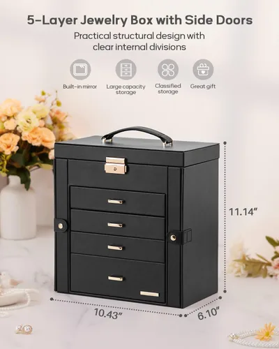 Miniatura 2 de Homde Regalos de Navidad de cuero sintético, enorme joyero, organizador de reloj con espejo, collar, anillo y aretes, estuche de regalo con Dorado