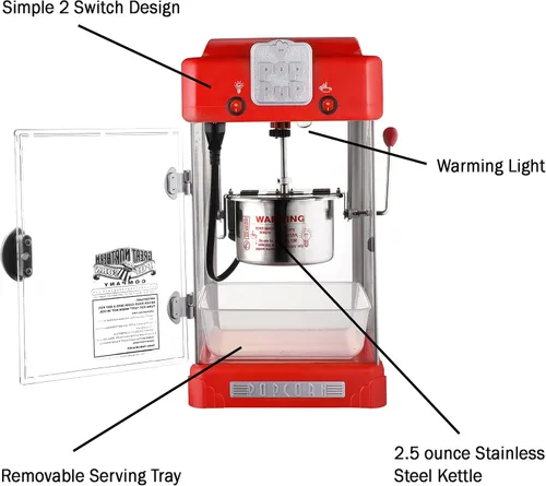 Miniatura 3 de Great Northern Popcorn - Máquina de palomitas de maíz Pop Pup, 2.5 onzas con hervidor de acero inoxidable, bandeja para servir, luz cálida