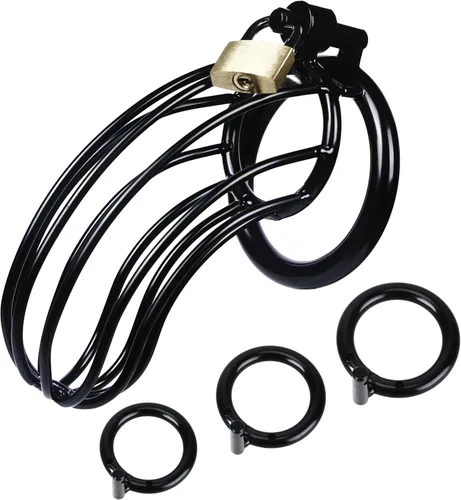 Jaula de castidad masculina – Jaula de metal grande para pene con dispositivo de castidad bloqueado con 3 tamaños de anillos y 2 llaves, juguetes