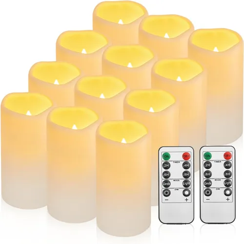 Candelas impermeables sin llama con control remoto 12PAQUETE (D3''*H5.5'') Vela LED parpadeante de pila de pilar, plástico con temporizador de 24