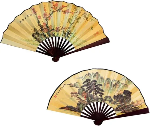 Miniatura 9 de Fox Baby Abanico de mano plegable, 13 pulgadas de tela de bambú grandes ventiladores de mano con pintura tradicional china para decoraciones
