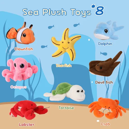 Miniatura 2 de Muiteiur Juego de animales marinos suaves de felpa con casa de conchas marinas de felpa, incluye tortuga de peluche, langosta, cangrejo, delfín, pez
