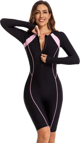 Miniatura 4 de ECUPPER Traje de baño de una pieza de manga larga para mujer, con cierre Boyleg, protector de erupción, cobertura de traje de baño de surf, traje