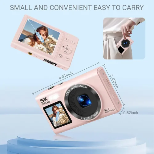 Miniatura 3 de Cámara digital 5K para fotografía, cámara de vlogging de pantalla dual de 80 MP para YouTube con WiFi, zoom digital 16X, función de belleza, Rosa