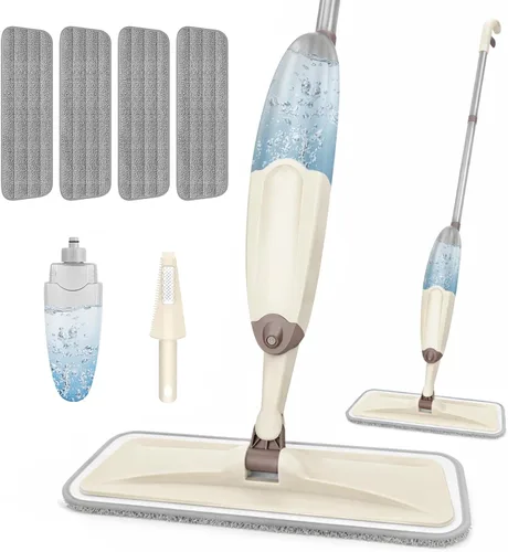 HOMTOYOU - Trapeador húmedo para limpieza de suelos: mopa rociadora para pisos multisuperficie | Wet Dry Use, 4 Pcs Microfiber Washable Pads, 400+ML