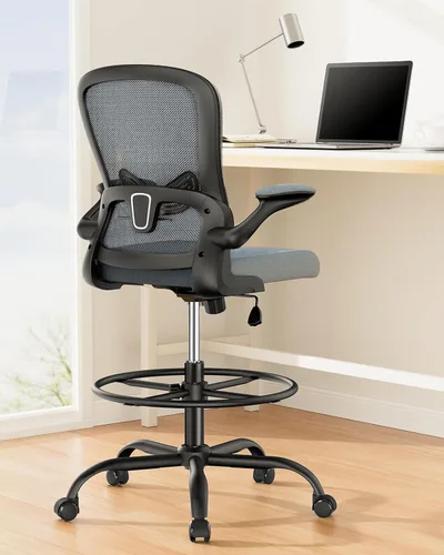 Miniatura 23 de ErGear Silla de dibujo, silla de escritorio de pie con reposabrazos abatibles, silla de escritorio alta altura ajustable, silla de oficina alta Negro