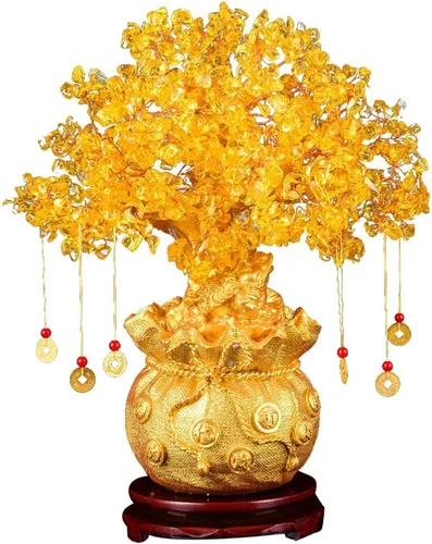 Wakauto Árbol de dinero de cristal, citrino Feng Shui, árbol bonsái, suerte, fortuna, riqueza, monedas, árboles artificiales, figura de decoración