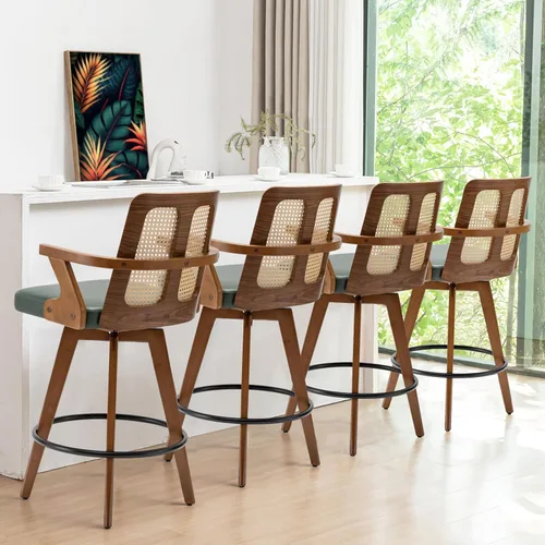 Miniatura 4 de Juego de 2 Taburetes de Mostrador - Taburetes Giratorios de 27 Pulgadas con Respaldo de Ratán, Brazos Curvos, Asiento Tapizado, Patas de Bambú Nogal