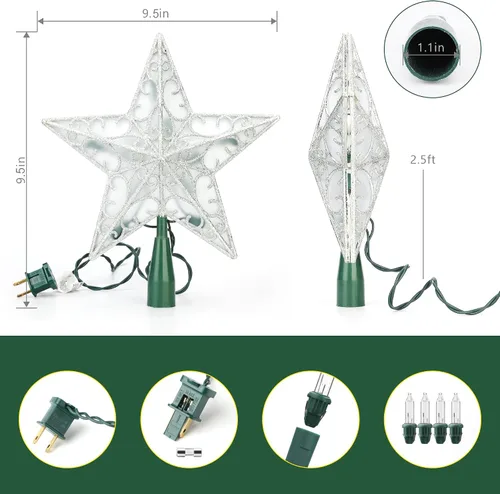 Miniatura 6 de Brizled Estrella para Copa del Árbol de Navidad de 9.5", Copa Plateada con Purpurina, Adorno 3D para Árbol de Navidad con 10 Luces, Certificado UL