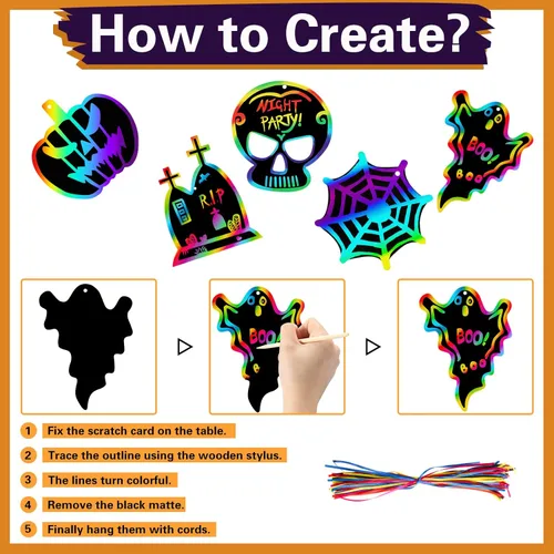 Miniatura 3 de Max Fun Paquete de 48 tarjetas de papel de arte para manualidades de Halloween, adornos mágicos de arco iris, suministros para colgar, kit