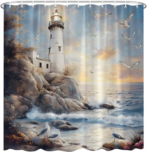 Cortina de ducha con diseño de faro náutico, paisaje retro, costa, roca, gaviota, tropical, hawaiano, escena de poliéster, decoración de baño, 36 x