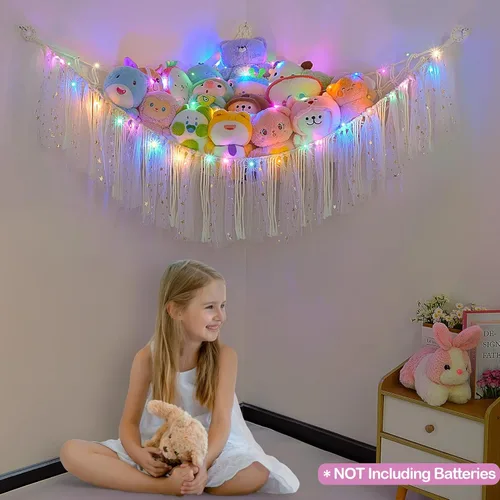 Miniatura 2 de FIOBEE Red de Animales de Peluche o Hamaca con Luz LED, Hamaca de Juguetes Colgante Organizador de Almacenamiento Soporte para Animales de Peluche
