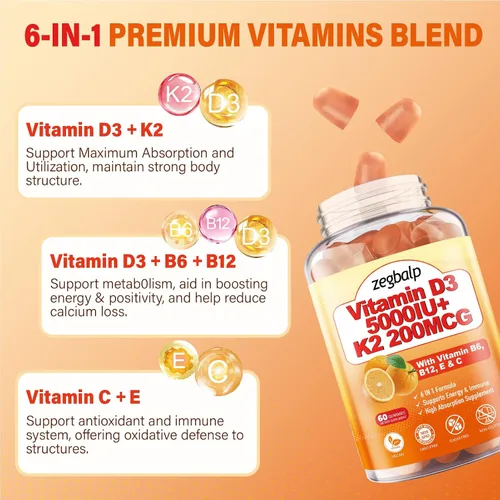 Miniatura 4 de Paquete de 2 gomitas de vitamina D3 K2 para adultos, vitamina D3 sin azúcar, 5000IU + K2(MK-7) Suplemento de 200 mcg con complejo de vitamina B