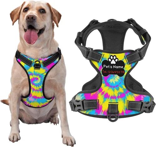 Arnés personalizado para perro sin tirones, chaleco personalizado para perro teñido anudado de acuarela con número de teléfono y nombre de mascota,