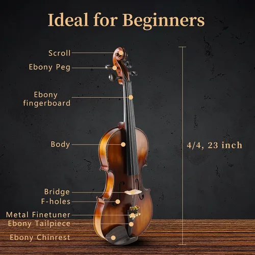 Miniatura 6 de Conjunto completo de violín 4/4, violín para principiantes para adultos, niños, estudiantes, violín 4/4 con accesorios de abeto, arce y ébano