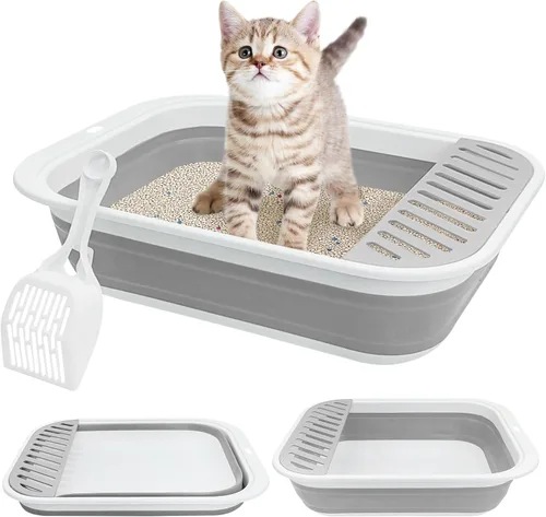 Miniatura 8 de Fhiny Caja de Arena para Gatos Portátil Caja de Arena Poco Profunda 17.7"x13.4"x4.9" Inodoro Plegable para Gatos con Pala Bandeja Abierta