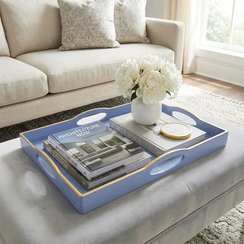 Miniatura 4 de Bandeja de servir azul con 4 asas, bandeja decorativa de plástico para mesa de café, otomana - Ideal para sala de estar y baño. 15 x 11 x 1.9