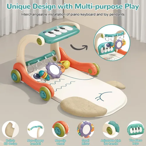 Miniatura 5 de Alfombra de juego 3 en 1 para bebé, piano para patear y jugar, gimnasio con luz musical, tapete de juego de actividad con 5 juguetes sensoriales