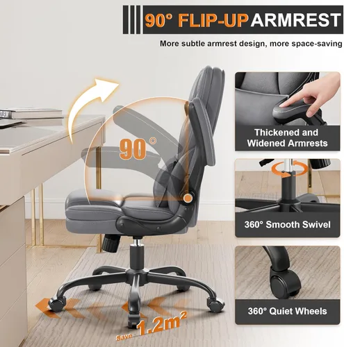 Miniatura 6 de Silla de oficina ergonómica con reposabrazos abatibles, 300 libras, respaldo medio, silla de escritorio de oficina con soporte lumbar, silla Gris