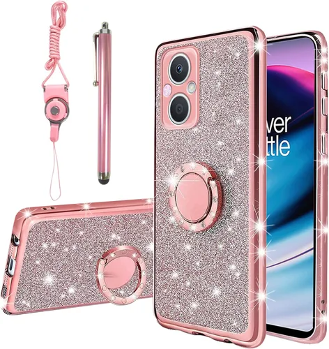Funda para teléfono N20, OnePlus Nord N20 5G para mujer, bonita funda protectora de TPU transparente suave con purpurina y correa de pie para Rosa