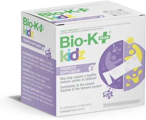 Bio-K+ Kidz - Polvo probiótico para niños con vitamina D3, estable en el estante, sin OMG, sin gluten, 28 paquetes de una sola porción