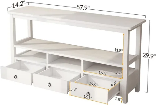 Miniatura 7 de Mesa consola vintage con cajones y estantes, MDF y patas de madera maciza, 57.9 pulgadas de profundidad x 14.2 pulgadas de ancho x 29.9 pulgadas