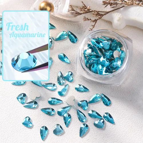 Miniatura 4 de qiipii 24 estilos de diamantes de imitación de aguamarina para uñas, piedras azul lago, diamantes K9 de vidrio, cristales planos azul agua, gemas