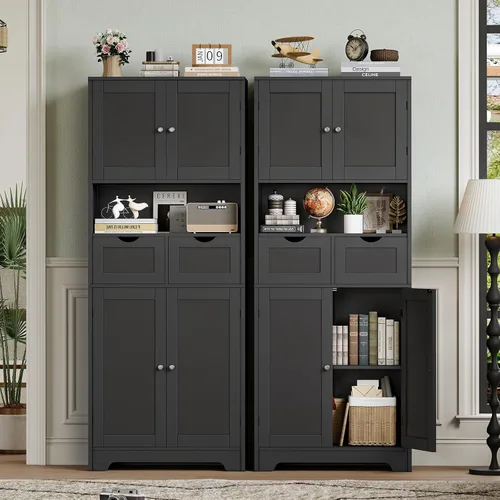 Miniatura 6 de Iwell Armario de almacenamiento de 57.8 pulgadas de alto con 2 cajones y 2 estantes ajustables, armario de cocina con 4 puertas, armario alto