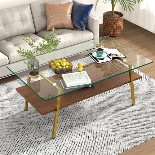 Miniatura 13 de Mesa de centro moderna rectangular con tapa de vidrio templado con estante de madera para el hogar, sala de estar, oficina, tienda o dormitorio