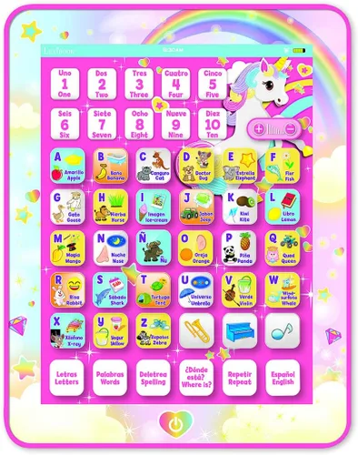 LEXiBOOK Unicorn Tableta Educativa Bilingüe de Aprendizaje Interactiva, Juguete para Aprender Letras del Alfabeto, Números, Palabras, Ortografía y