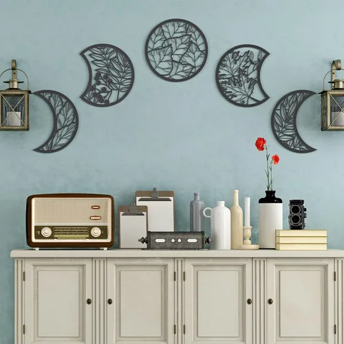 Miniatura 6 de Jetec 5 piezas de arte de pared de fase lunar para colgar en la pared, frontones de madera, fase lunar espiritual, dormitorio, nórdico, bohemio