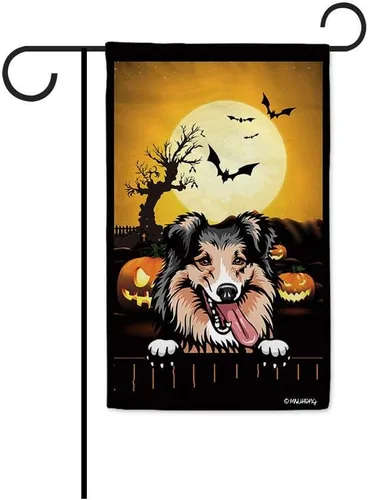 Miniatura 21 de Bandera de jardín de calabaza de Feliz Halloween Jack O'Lantern con perro Rhodesian Ridgeback Halloween Bat Boo Bandera decorativa para patio al