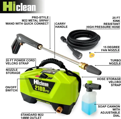 Miniatura 3 de Hiclean Lavadora a presión eléctrica de 2100 PSI – Lavadora portátil para detalles de automóviles, patios, vallas y limpieza al aire libre, diseño